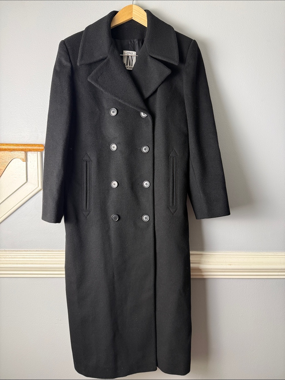 Vintage Jones New York Black Double-Breasted Wool Pea Coat 100 % wool Maxi